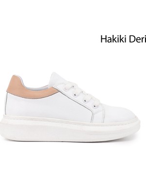 Gönderi® Kadın Beyaz Bağcıklı Dolgu Taban Hakiki Deri Sneaker
