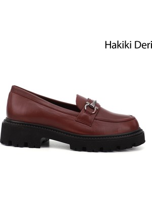 GÖNDERİ Kadın Bordo  Kalın Topuklu Tokalı Hakiki Deri Loafer Ayakkabı