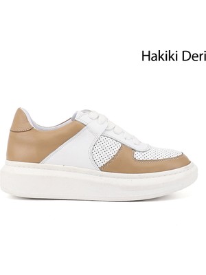 Gönderi® Kadın Beyaza Vizon Bağcıklı Dolgu Taban Hakiki Deri Sneaker