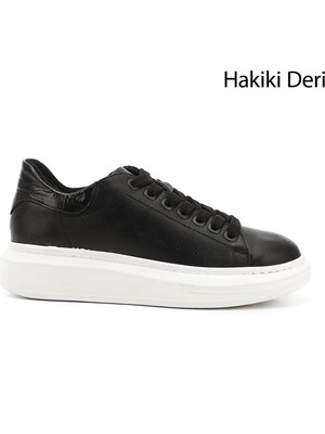 Gönderi(r) Kadın Siyah Bağcıklı Dolgu Taban Hakiki Deri Sneaker
