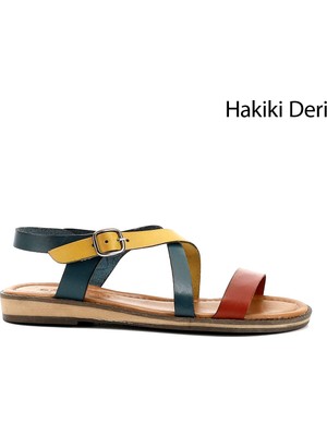 GÖNDERİ Kadın Saks - Mavi  Hakiki Deri Sandalet