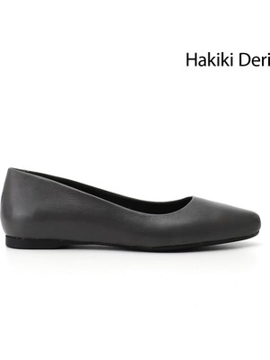 GÖNDERİ Kadın Gri  Sivri Burun Düz Taban Hakiki Deri Babet