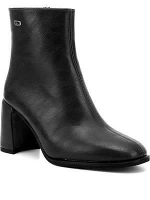 GÖNDERİ Kadın Siyah  Fermuarlı Küt Burunlu Kalın Topuklu Bot