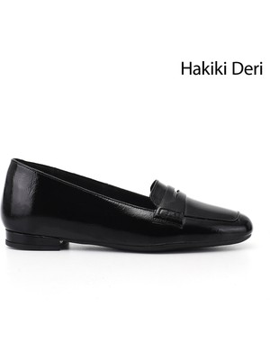 GÖNDERİ Kadın Siyah Rugan  Loafer Kuşaklı Hakiki Deri Babet