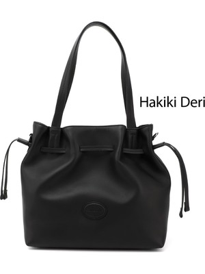 GÖNDERİ Kadın Siyah Hakiki Deri El ve Omuz Çantası