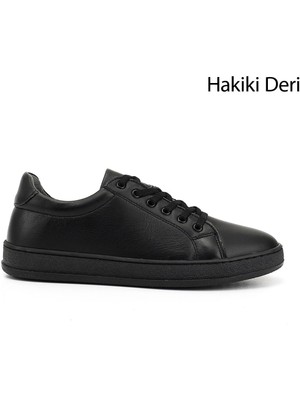 Gönderi® Kadın Siyah Lastik Bağcıklı Hakiki Deri Sneaker