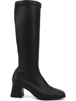 GÖNDERİ Kadın Siyah  Fermuarlı Küt Burun Kalın Topuklu Streç Çizme