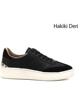 GÖNDERİ Kadın Siyah  Lastik Bağcıklı Dolgu Taban Hakiki Deri Sneaker