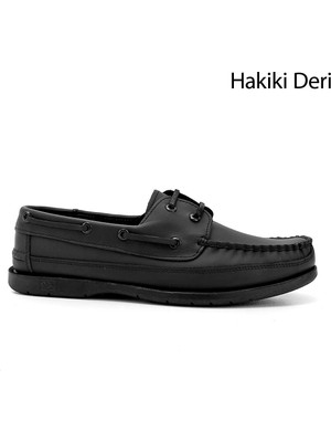 GÖNDERİ Erkek Siyah Bağcıklı Kauçuk Taban Hakiki Deri Ayakkabı