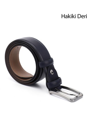 GÖNDERİ Erkek Antik Lacivert Hakiki Deri 3,5 Cm Klasik Kemer
