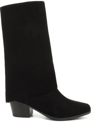 GÖNDERİ Kadın Siyah Süet  Sivri Burun Kalın Topuklu Kovboy Çizme