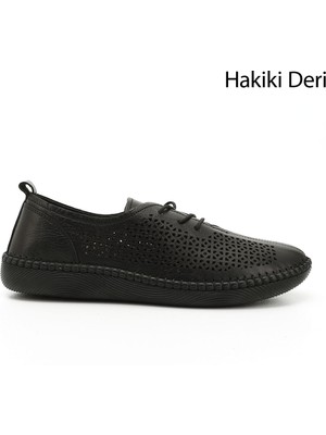 Kadın Siyah Bağcıklı Hakiki Deri Comfort Ayakkabı