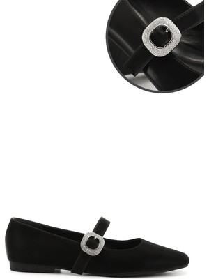 Gönderi® Kadın Siyah Saten Taşlı Bilekten Bağlı Mary Jane Babet