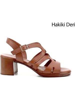GÖNDERİ Kadın Taba Antik  Kalın Topuklu Hakiki Deri Sandalet