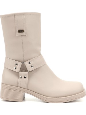 Kadın Ten Fermuarlı Küt Burun Kalın Topuklu Biker Bot