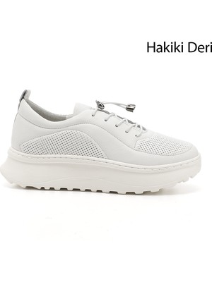 Gönderi(r) Kadın Beyaz Lastik Bağcıklı Comfort Dolgu Taban Hakiki Deri Sneaker