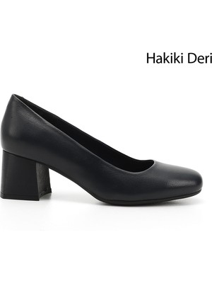 GÖNDERİ Kadın Lacivert  Küt Burun Orta Kalın Topuklu Hakiki Deri Ayakkabı