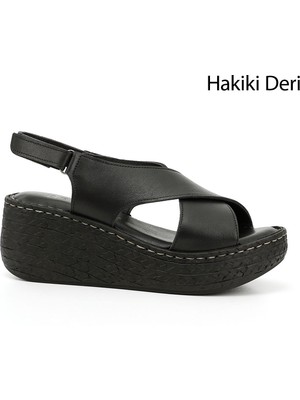 Kadın Siyah Cırt Bantlı Dolgu Topuk Hakiki Deri Sandalet