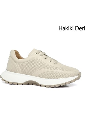 Kadın Bej Dolgu Taban Lastik Bağcıklı Hakiki Deri Sneaker