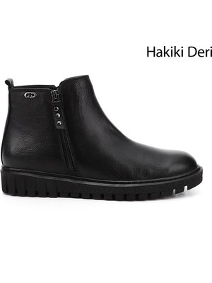 Gönderi(r) Kadın Siyah Floter Çift Fermuarlı Termo Taban Hakiki Deri Bot
