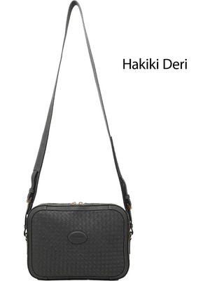 Gönderi® Kadın Gri Hakiki Deri Hasır Örgü Uzun Askılı Omuz Çantası