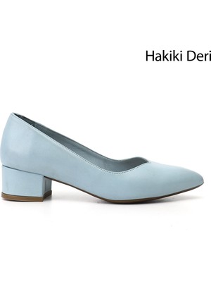 GÖNDERİ Kadın Mavi  Kısa Kalın Topuklu Hakiki Deri Ayakkabı
