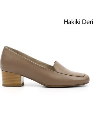 GÖNDERİ Kadın Vizon  Küt Burun Kısa Kalın Topuklu Hakiki Deri Ayakkabı