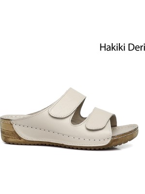 Kadın Krem Cırtlı Dolgu Taban Hakiki Deri Terlik