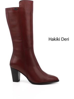 GÖNDERİ Kadın Bordo  Sivri Burun Kalın Topuklu Hakiki Deri Çizme