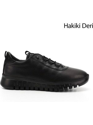 Kadın Siyah Dolgu Taban Lastik Bağcıklı Hakiki Deri Sneaker