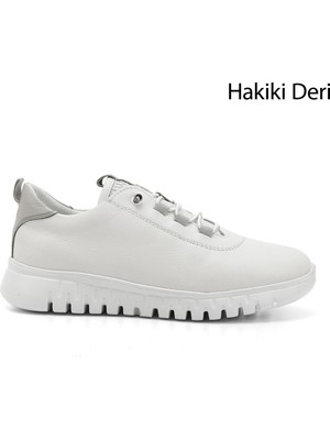 Kadın Beyaz Dolgu Taban Lastik Bağcıklı Hakiki Deri Sneaker