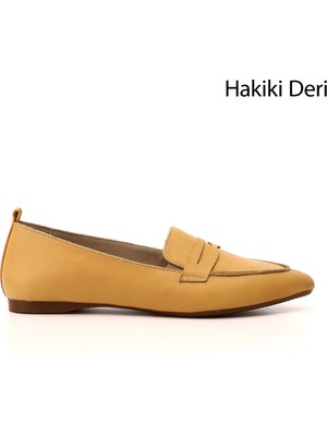 Gönderi(r) Kadın Hardal  Sivri Burun Düz Taban Hakiki Deri Babet
