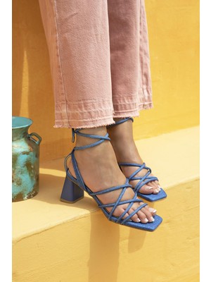 Straswans Venice Kadın Topuklu Küt Burun Kumaş Sandalet Kot Mavi