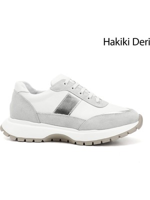 GÖNDERİ Kadın Beyaz  Dolgu Taban Lastik Bağcıklı Hakiki Deri Sneaker