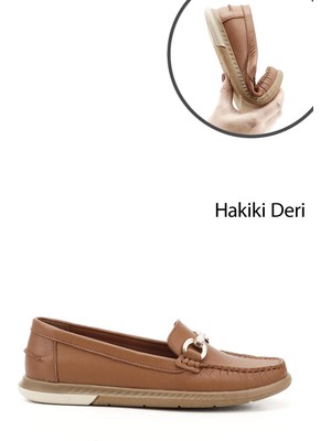 GÖNDERİ Kadın Taba Antik  Tokalı Rok Hakiki Deri Comfort Loafer