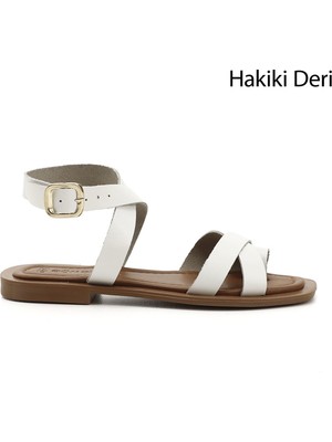 GÖNDERİ Kadın Beyaz  Parmak Arası Bilek Bağlı Hakiki Deri Sandalet
