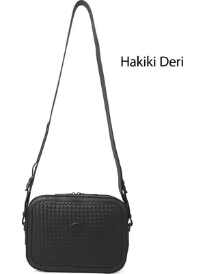 GÖNDERİ Kadın Siyah  Hakiki Deri Hasır Örgü Uzun Askılı Omuz Çantası