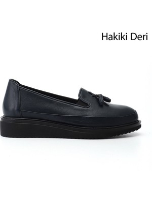 GÖNDERİ Kadın Lacivert  Dolgu Taban Püsküllü Hakiki Deri Ayakkabı