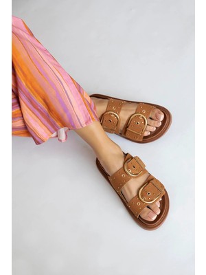 Straswans Pella  Kadın  Drop  Detay  Günlük Süet  Konfor Terlik Taba