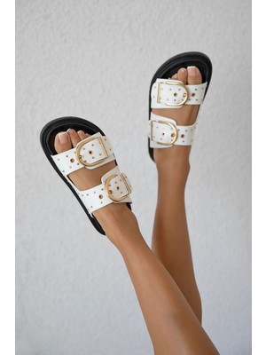 Straswans Pella  Kadın  Drop  Detay  Günlük  Konfor Terlik Beyaz-Siyah