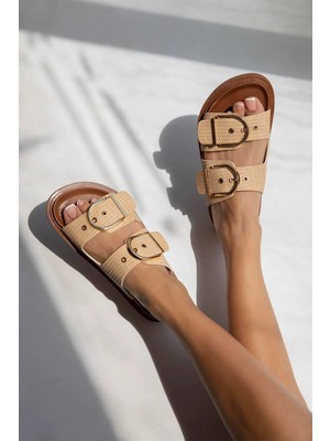 Straswans Forster Kadın Toka  Detay  Günlük Konfor Hasır Terlik Bej-Taba