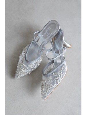 Straswans Isla Kadın File Detay Topuklu Ayakkabı Gümüş