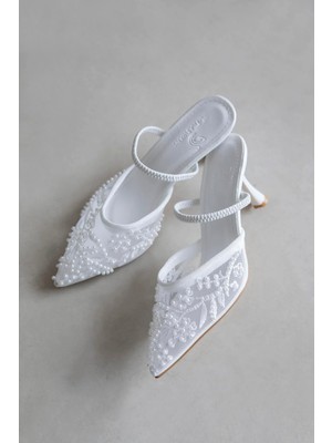Straswans Isla Kadın File Detay Topuklu Ayakkabı Beyaz