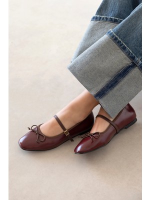 Straswans Maxy Kadın Fiyonk Detay Kırışık Deri Babet Bordo