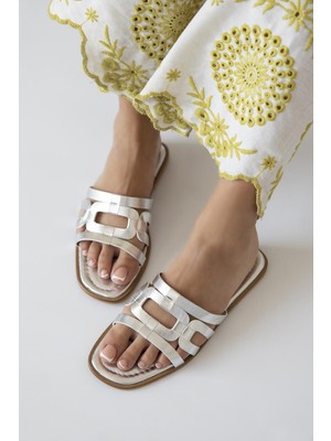 Straswans Baye Kadın  Günlük Deri Terlik Gümüş