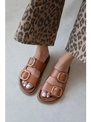 Straswans Mecy Kadın  Toka  Detay Deri  Günlük  Konfor Terlik Taba