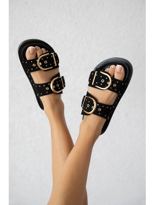 Straswans Pella  Kadın  Drop  Detay  Günlük Süet  Konfor Terlik Siyah