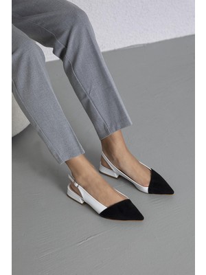 Straswans Ronan Kadın Süet Detay  Topuklu  Deri  Ayakkabı Beyaz-Siyah