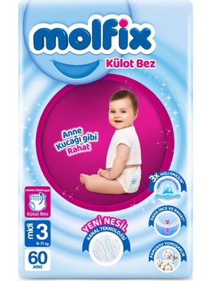 Molfix Külot Bebek Bezi 3 Beden Midi 6-11 kg Jumbo 60 Adet Anne Kucağı Gibi Rahat