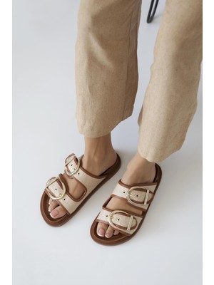 Straswans Muna Kadın Hasır Detay  Günlük Deri Terlik Taba-Bej